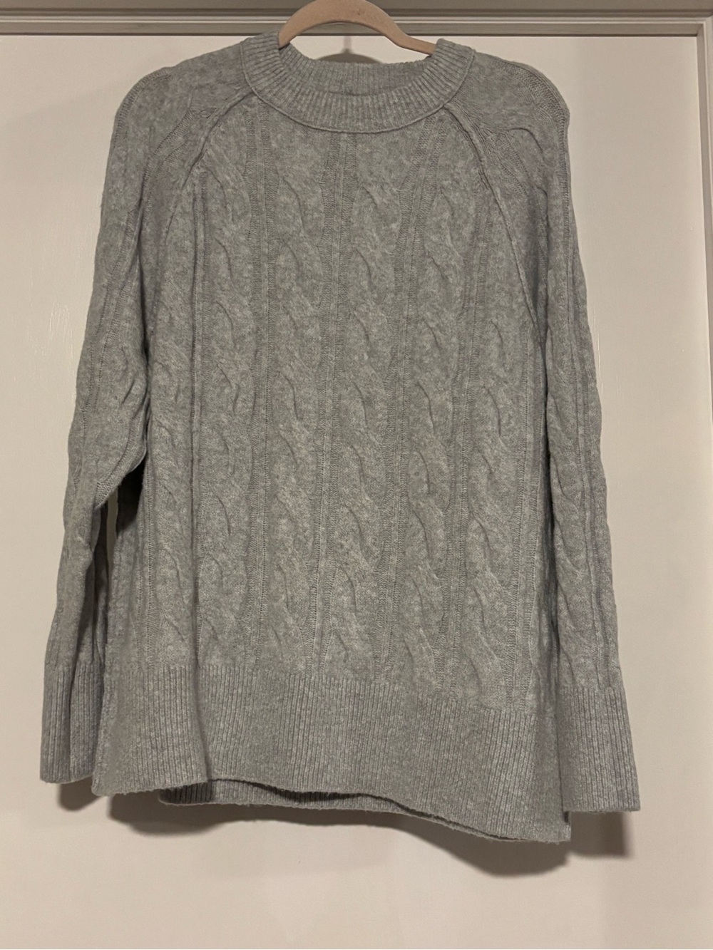 aerie Light Gray Cable Knit Crewneck Sweater